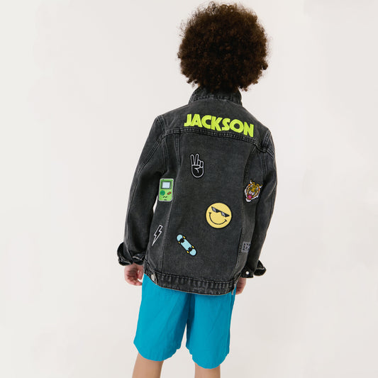 Personalized Kids Denim Jacket – Embroidered Name, Black Wash