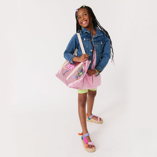 Personalized  Kids Tote Bag with Patches Pink Metallic Canvas
