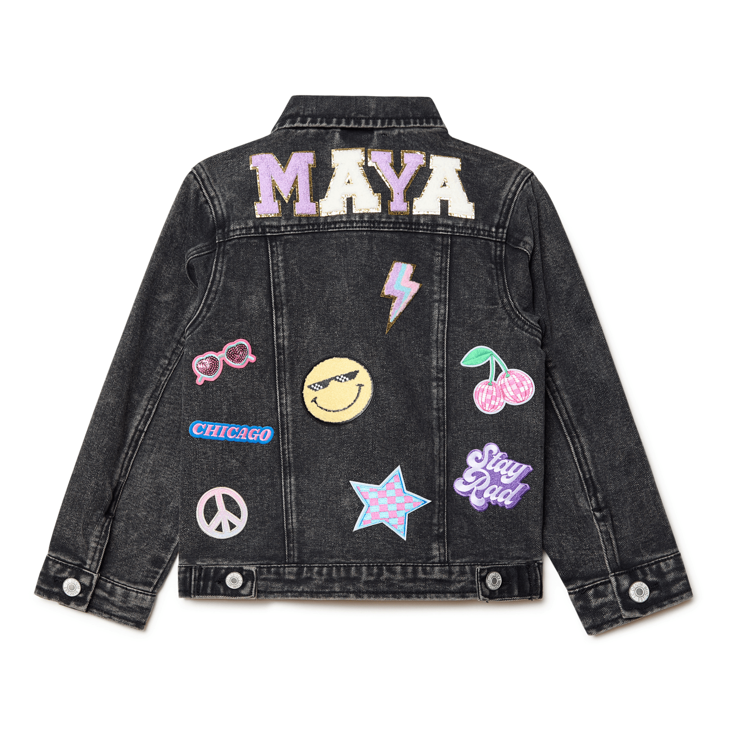 custom Black denim jacket with colorful patches and name  text on a white background