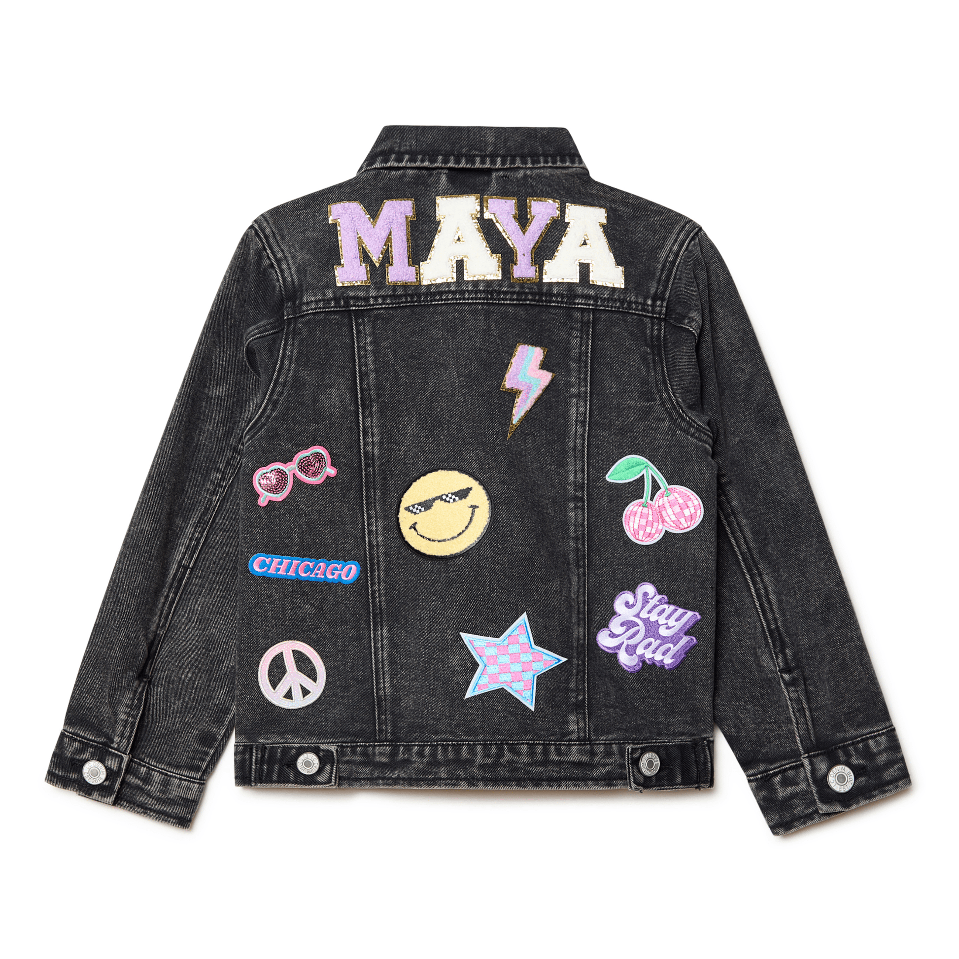 custom Black denim jacket with colorful patches and name  text on a white background