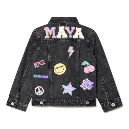 custom Black denim jacket with colorful patches and name  text on a white background