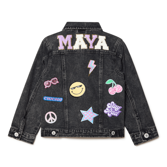 custom Black denim jacket with colorful patches and name  text on a white background