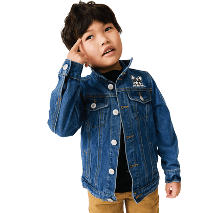 Child wearing a blue denim jacket with a patch on a white background