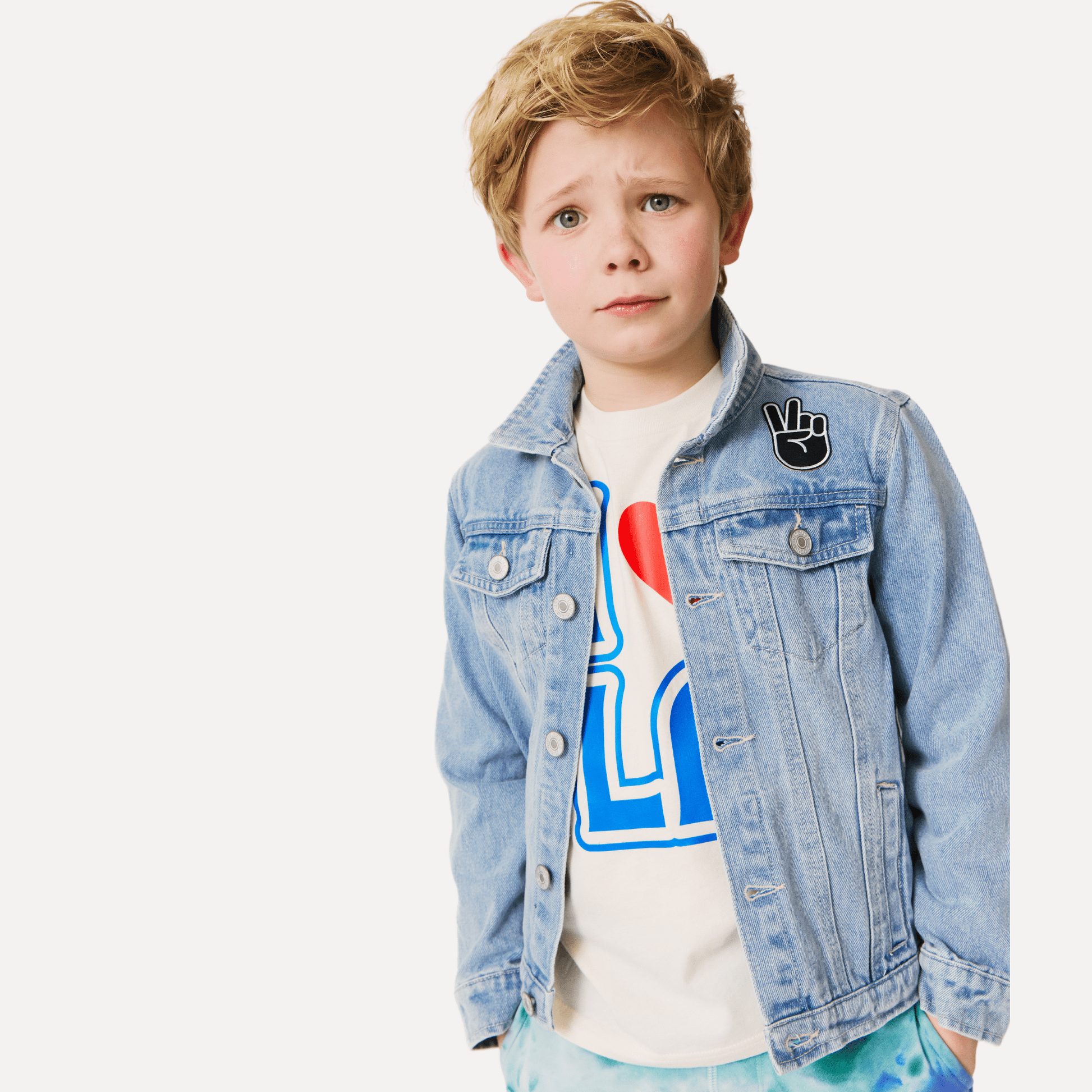 boys custom denim jacket with patches, light wash, personalized