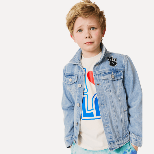 boys custom denim jacket with patches, light wash, personalized