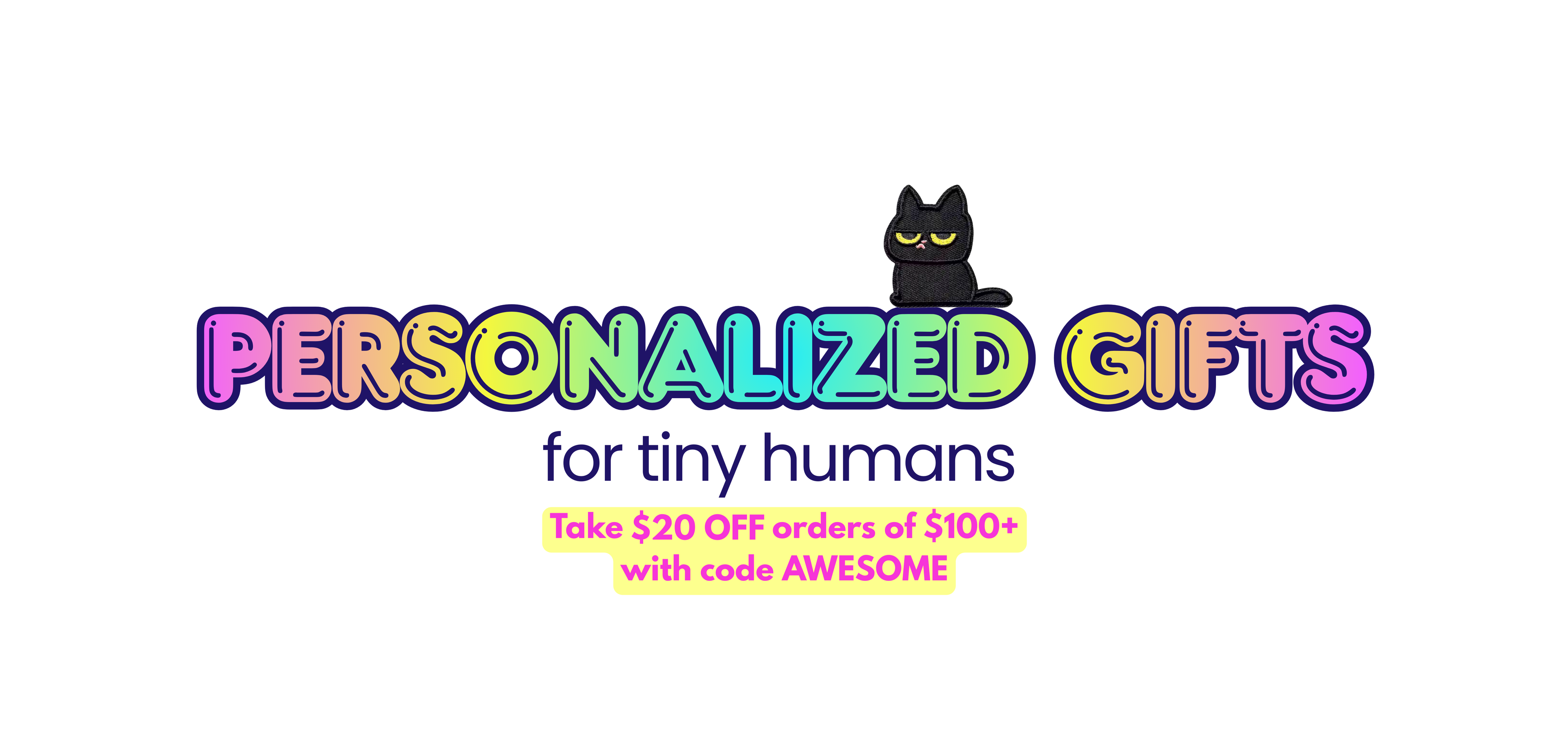 Promotional banner for personalized gifts with a black cat illustration on a white background.
