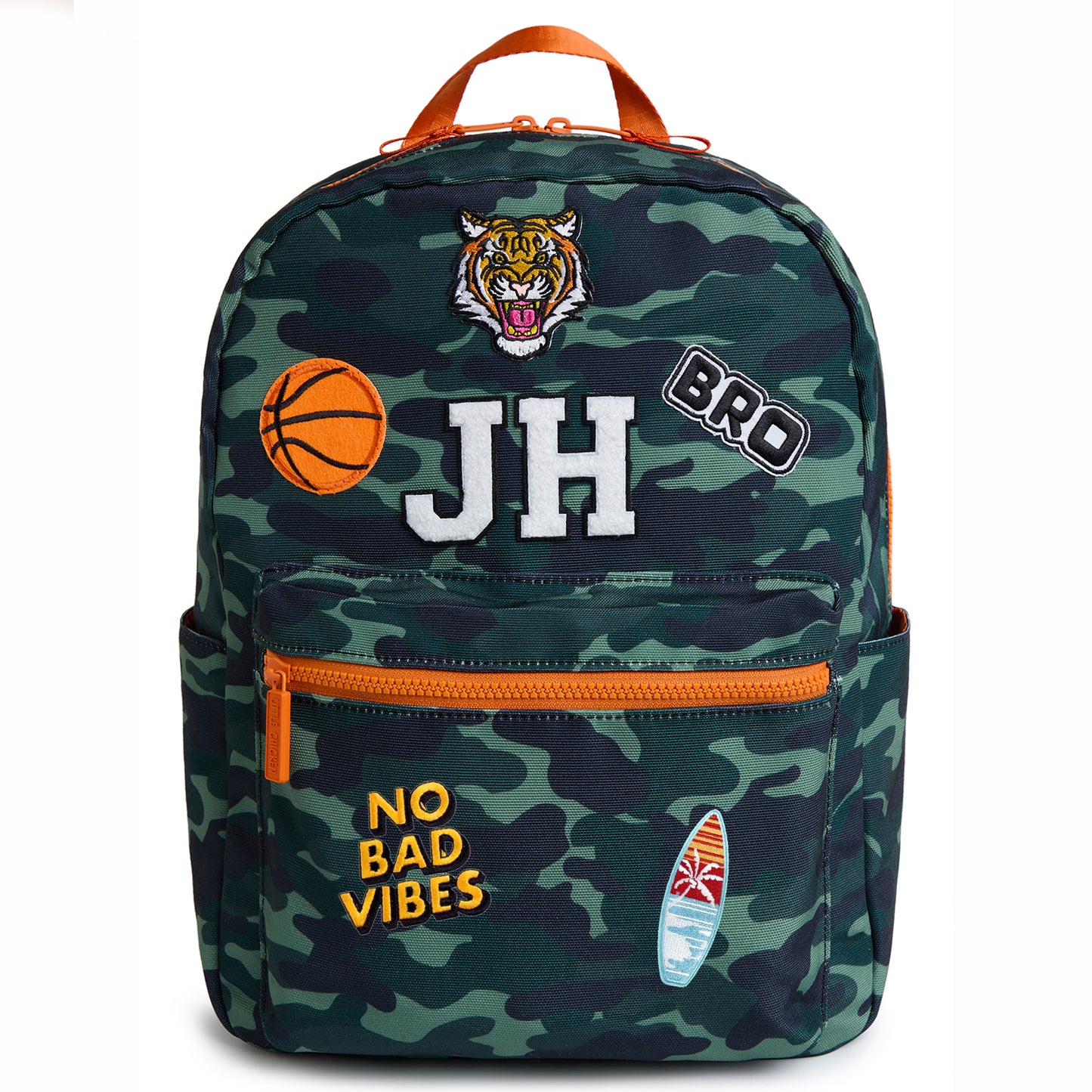 Personalized camo kids backpack with custom initials and sporty patches including a tiger, basketball and surfboard. Features a front zip pocket, side pockets and spacious storage for school, camp and everyday adventures.