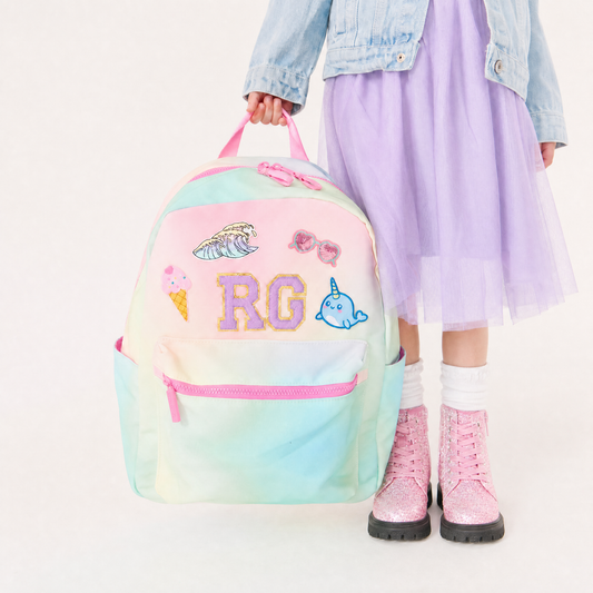 Personalized Pink Rainbow Patched Kids Backpack, Medium