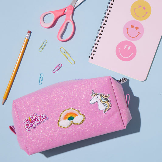 Pink Glitter Pre-Patched Pencil Pouch- Ships The NEXT DAY!