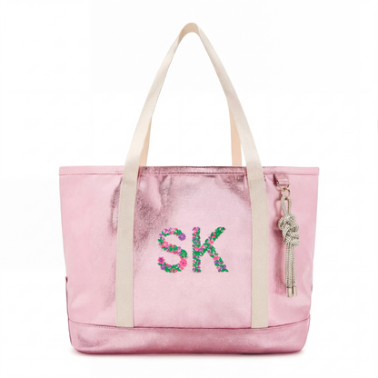 Kids Tote Bag Pink Metallic Canvas - Embroidered Name