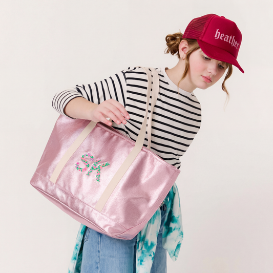 Kids Tote Bag Pink Metallic Canvas - Embroidered Name