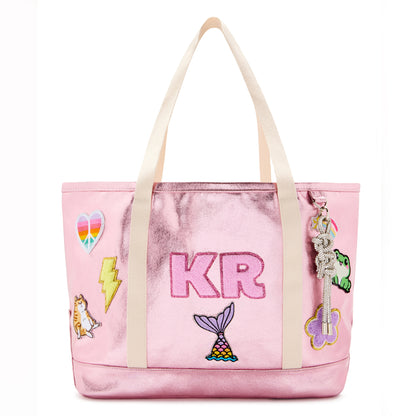 Personalized  Kids Tote Bag with Patches Pink Metallic Canvas