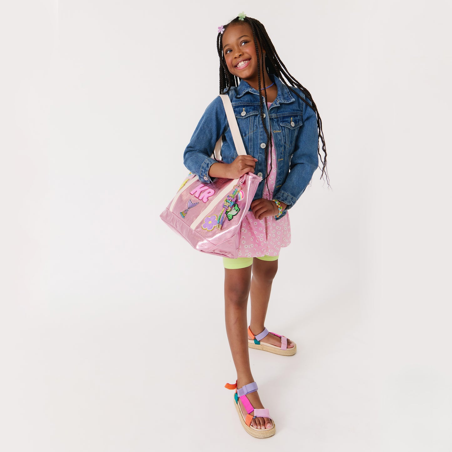 Personalized  Kids Tote Bag with Patches Pink Metallic Canvas