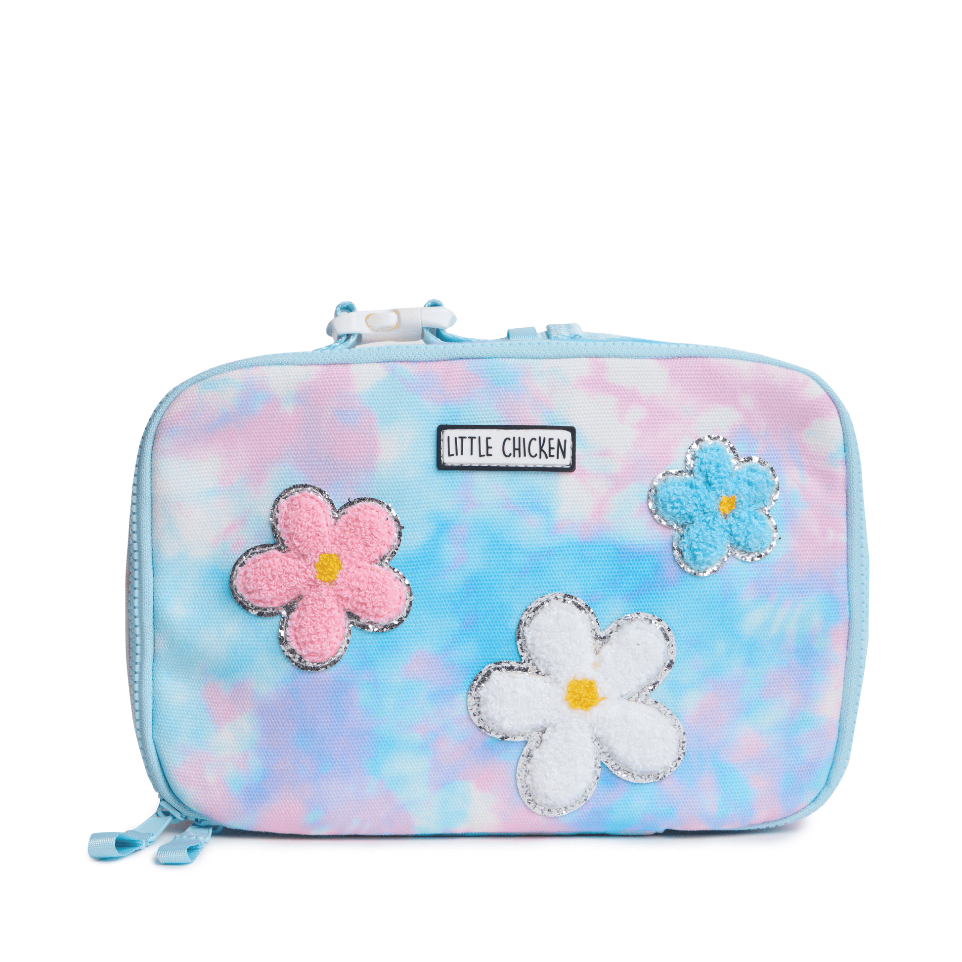 Colorful case with floral designs and 'Little Chicken' branding on a white background