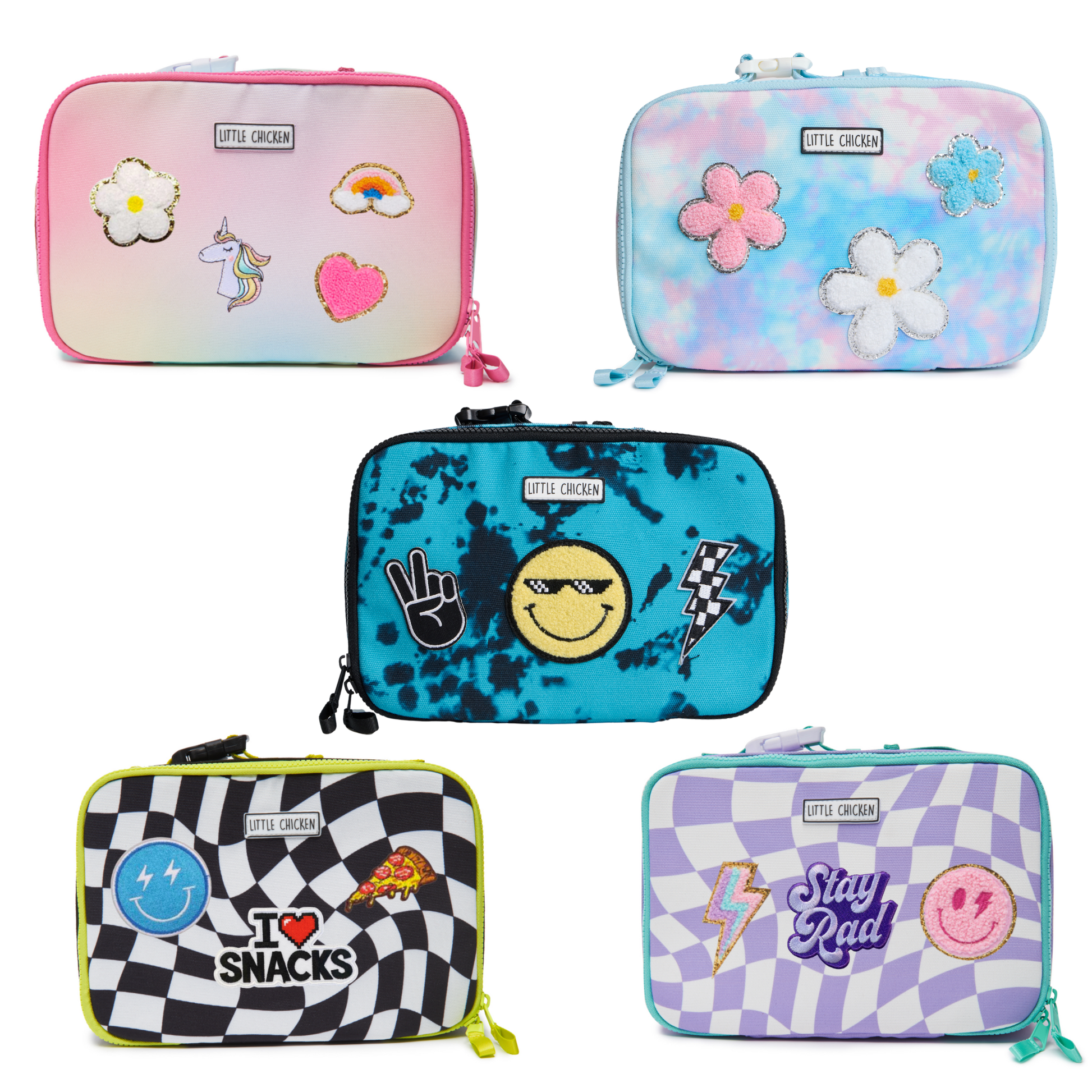 Five colorful pencil cases with various designs on a white background
