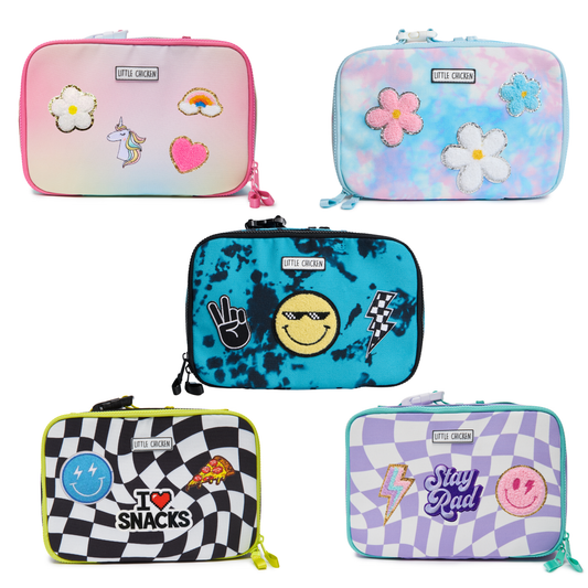 Five colorful pencil cases with various designs on a white background