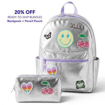Pre-Patched Silver Large Backpack & Pencil Pouch Bundle- SAVE 20%