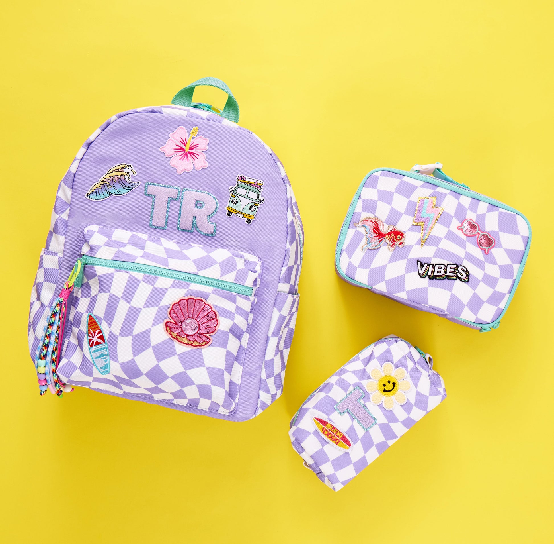 Personalized Purple Checkered Patched Kids Backpack, Large