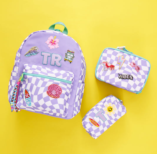 Purple Checkered Personalized Patched Kids Backpack - Large