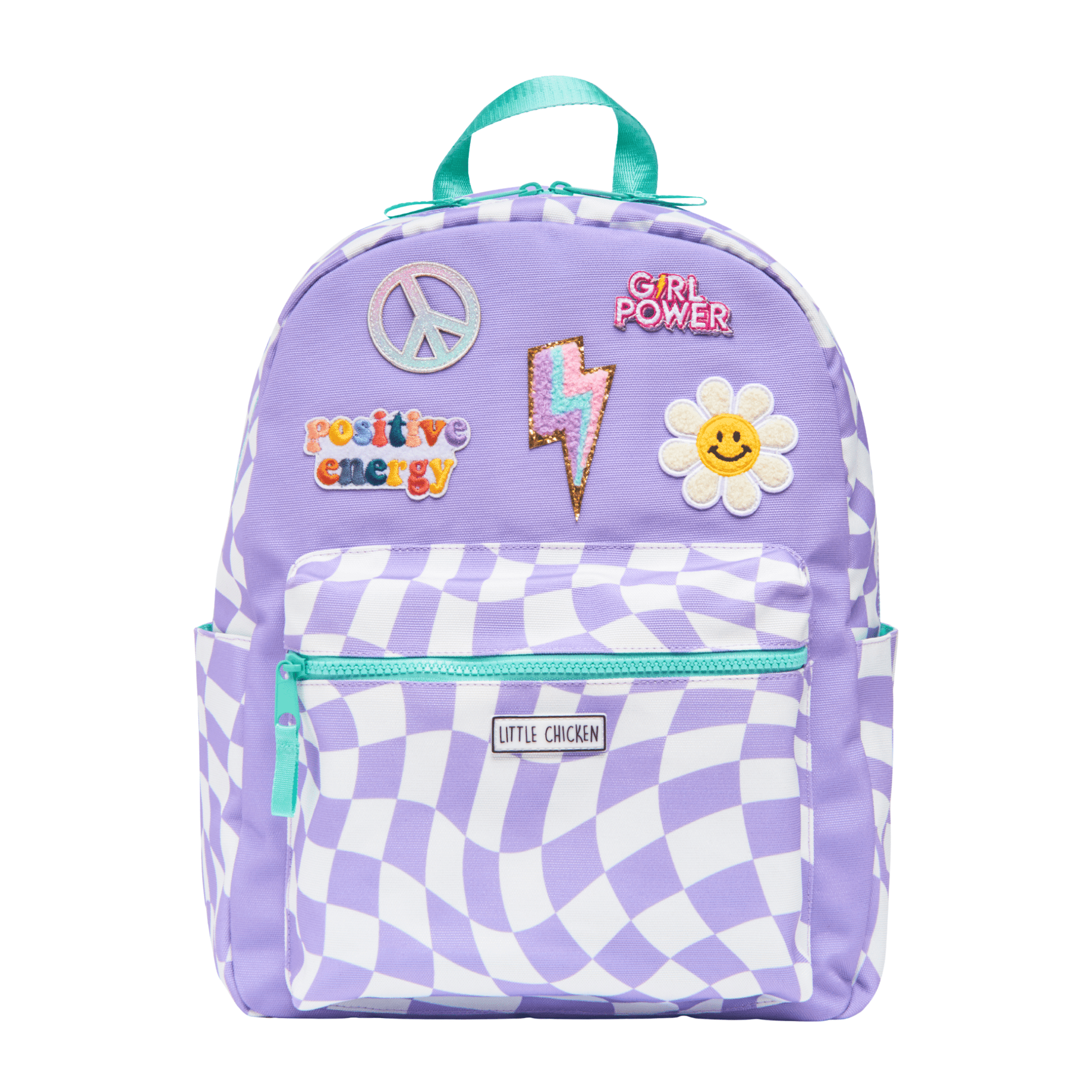 Purple backpack with checkered pattern and various patches on a white background