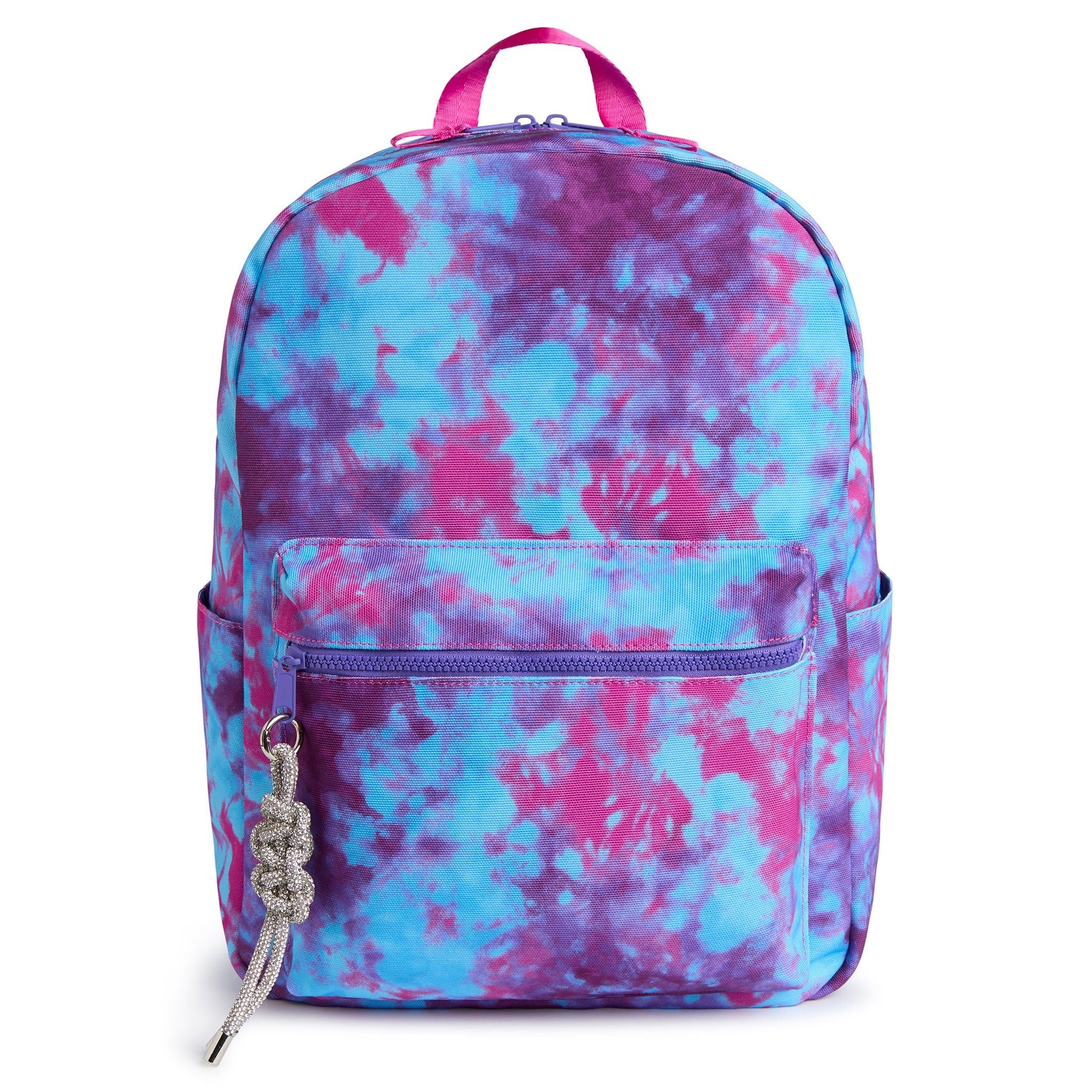 Large purple and blue tie dye backpack for kids with front zip pocket, side pockets and spacious main compartment.
