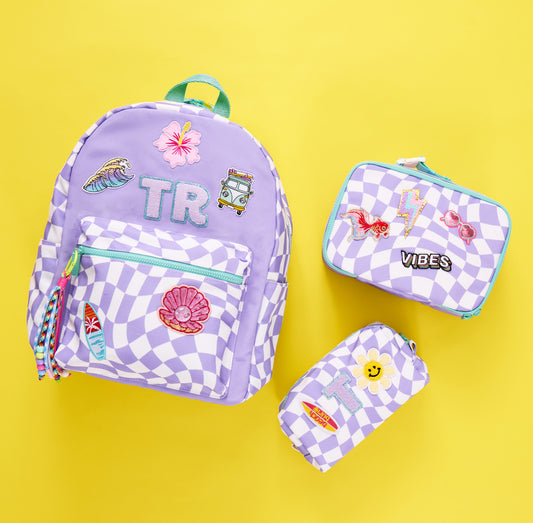 Purple Checkered Personalized Patched Kids Backpack - Large