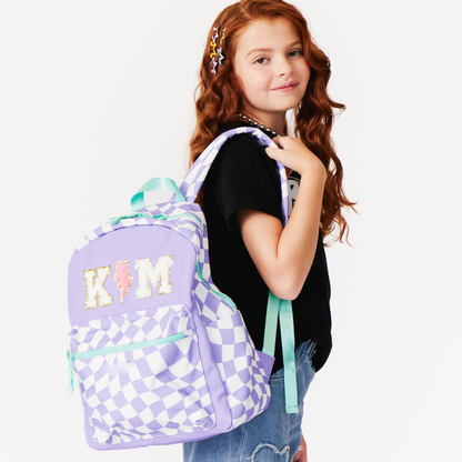 Purple Checkered Personalized Patched Kids Backpack - Medium