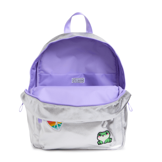 Customizable Kids' Backpack, Silver Metallic Canvas With Patches