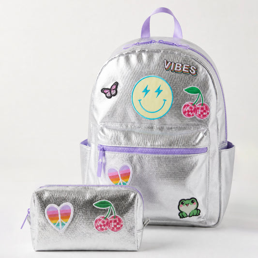 kids silver backpack and pencil pouch