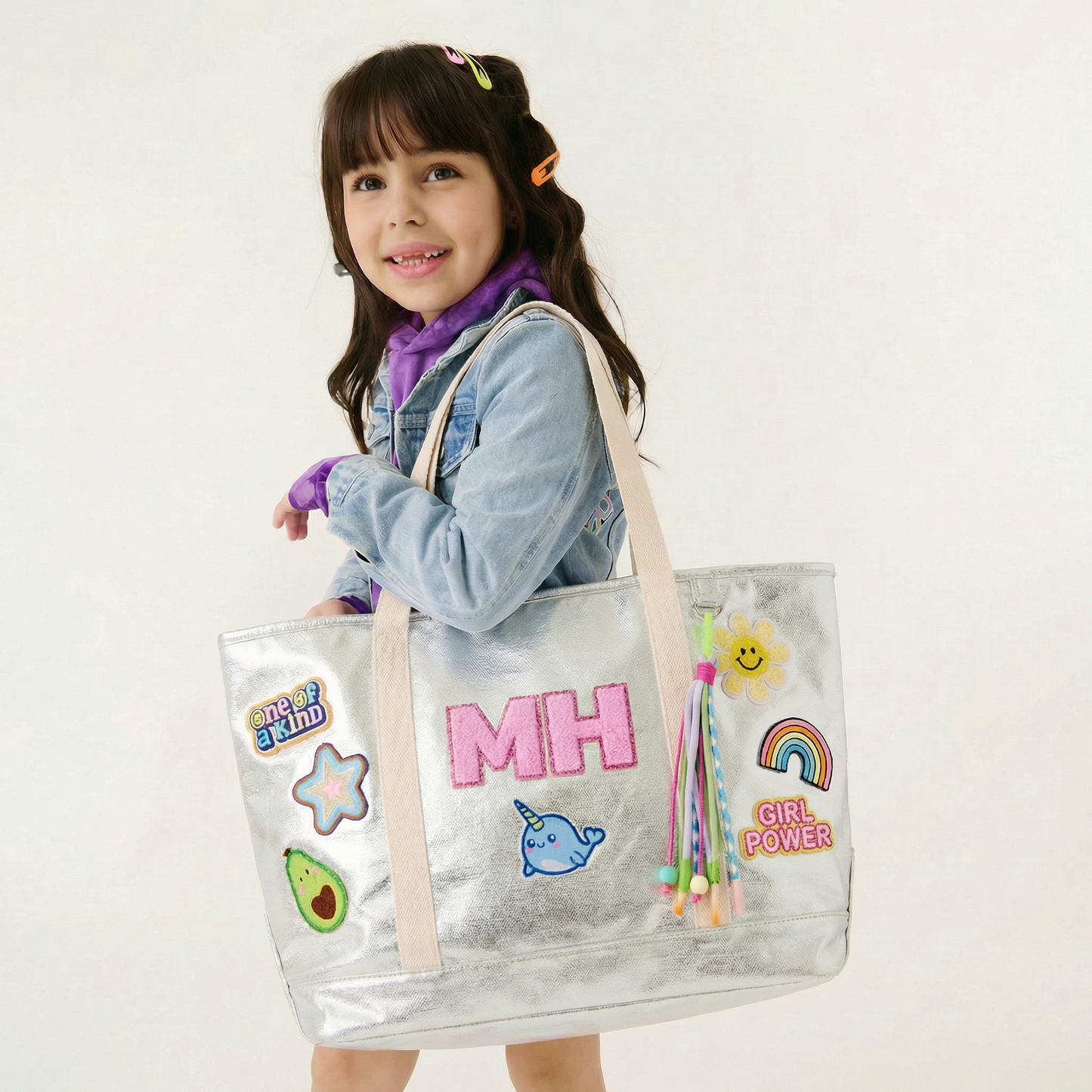 Personalized  Kids Tote Bag with Patches Silver Metallic Canvas