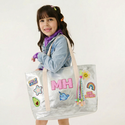 Personalized  Kids Tote Bag with Patches Silver Metallic Canvas