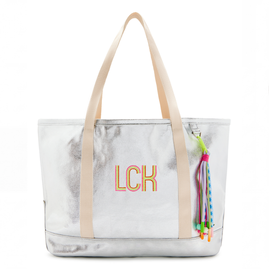 Kids Tote Bag Silver  Metallic Canvas - Embroidered Name