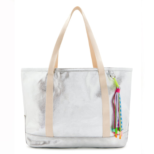 Personalized  Kids Tote Bag with Patches Silver Metallic Canvas