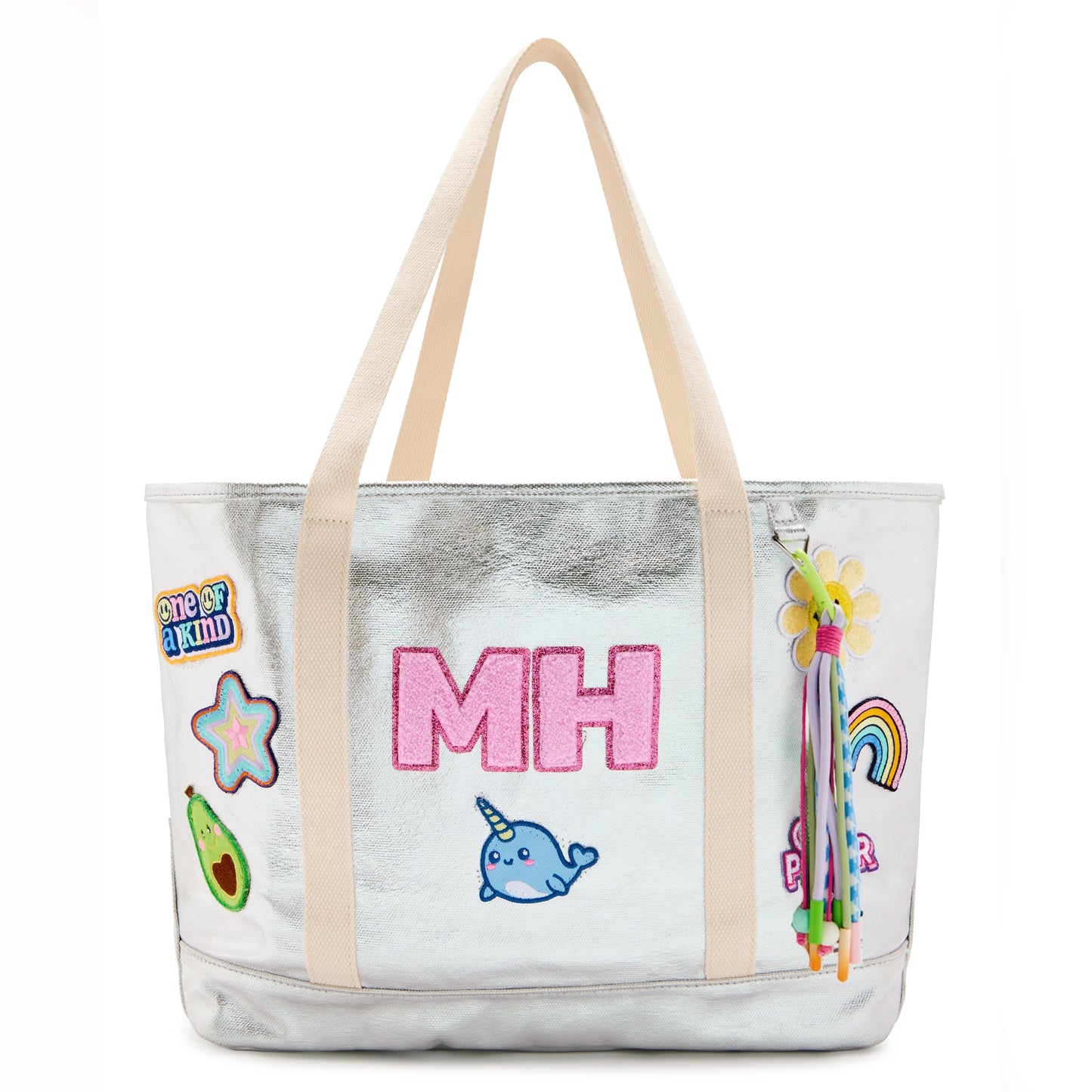 Personalized  Kids Tote Bag with Patches Silver Metallic Canvas