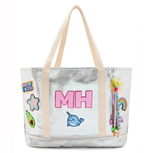 Personalized  Kids Tote Bag with Patches Silver Metallic Canvas