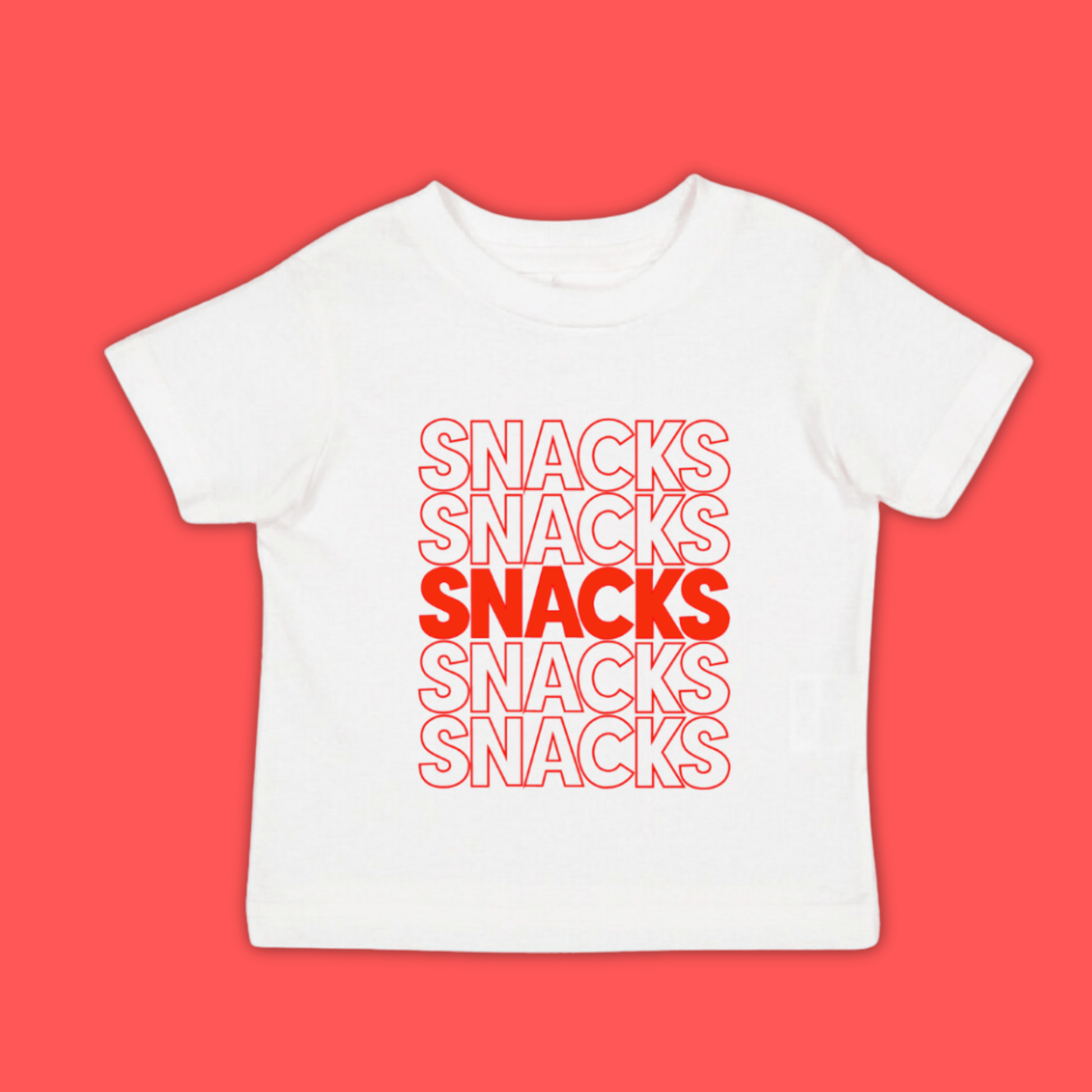 A white unisex kids' t-shirt with the word 'SNACKS' printed in red letters multiple times.