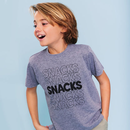 A grey unisex kids' t-shirt with the word 'SNACKS' printed in black letters multiple times.