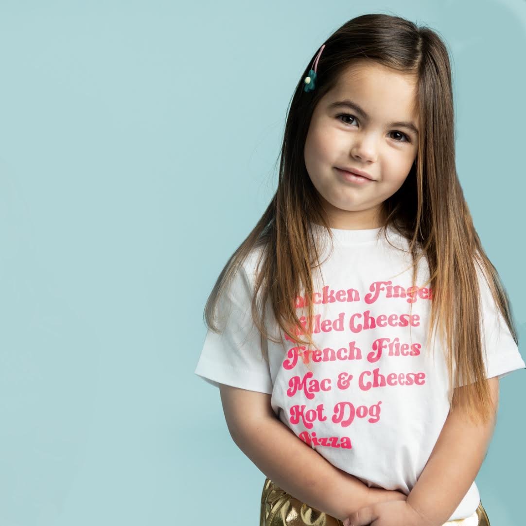 girl wearing a white Kids Menu T-Shirt