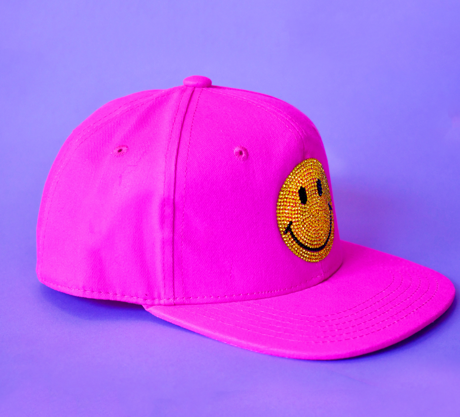 bright pink Kids Custom Trucker Hat with a smiley face