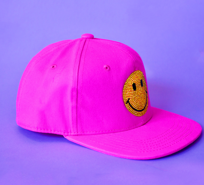 bright pink Kids Custom Trucker Hat with a smiley face