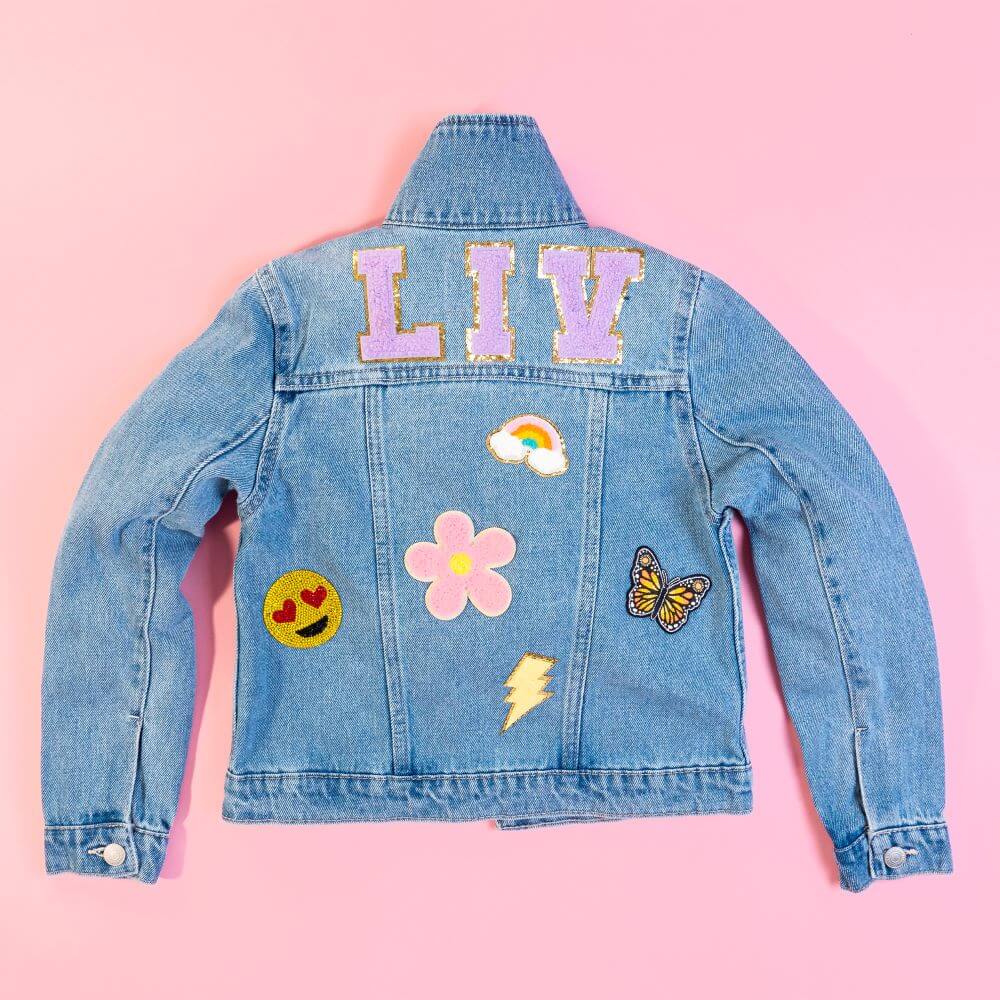 Kids Custom Denim Jacket 12-Patch Option | Little Chicken 2T (D#QWLSPY7) / Light Wash Denim