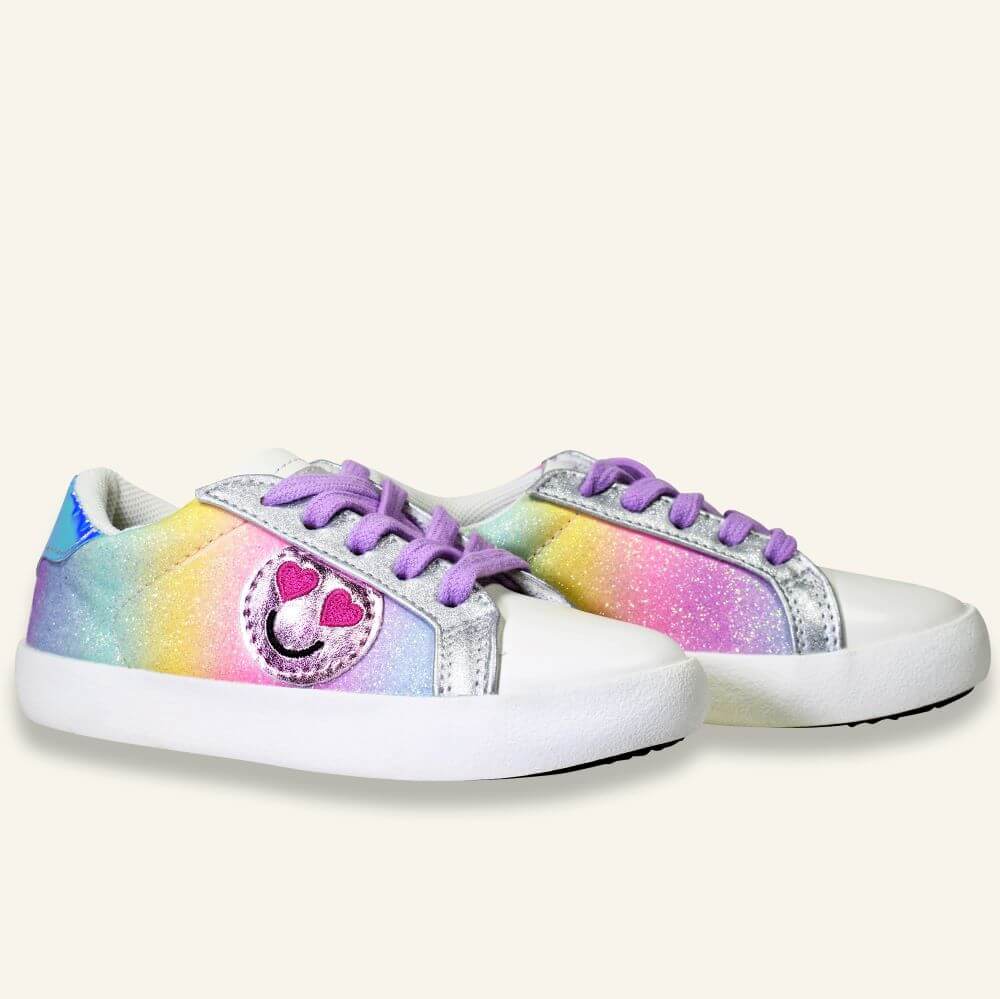 girls leather sneakers in Dolly style in rainbow colors with smiley emoji detail from 3/4 view