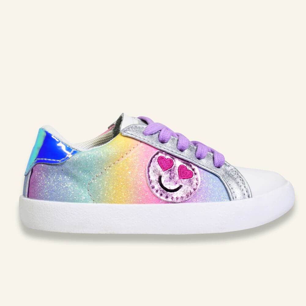 girls leather sneaker Dolly style in rainbow colors with smiley emoji detail