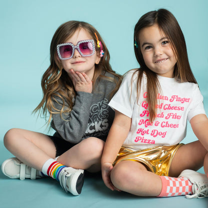 girl wearing a Snacks Crewneck Sweatshirt and sunglasses