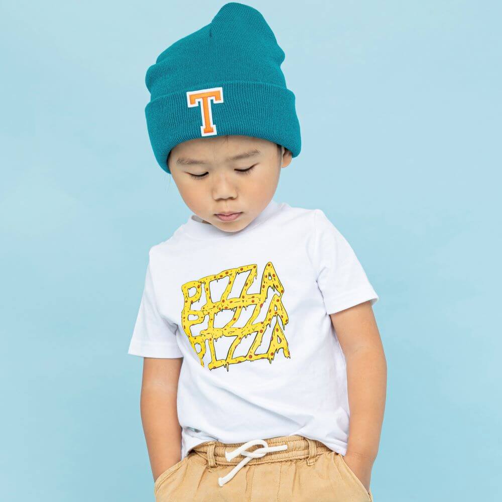 toddler boy wearing a pizza tee