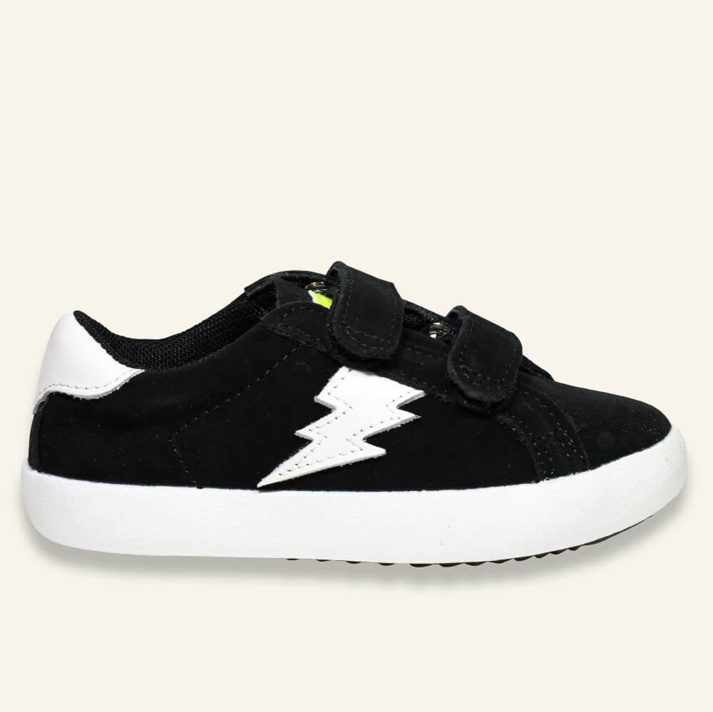 boy's black suede sneaker with lightning bolt decoration and velcro closures